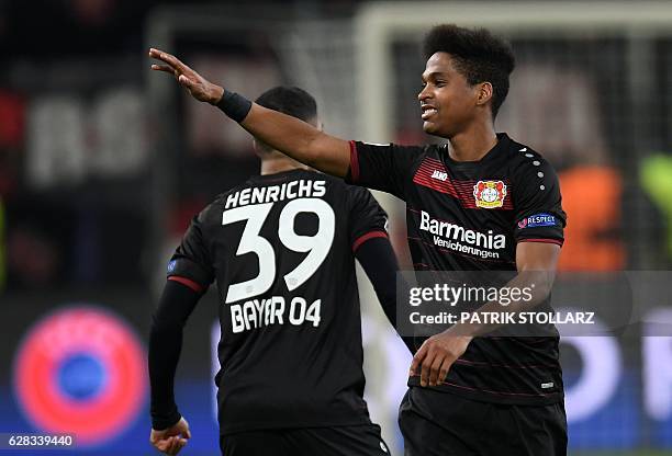 Leverkusen's Brazilian defender Wendell celebrates during the UEFA Champions League group E match between Bayer 04 Leverkusen and AS Monaco FC in...