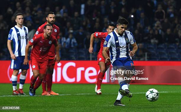 Andre Silva of FC Porto celebrates scoring his sides fourth goal from the penalty spot during the UEFA Champions League Group G match between FC...