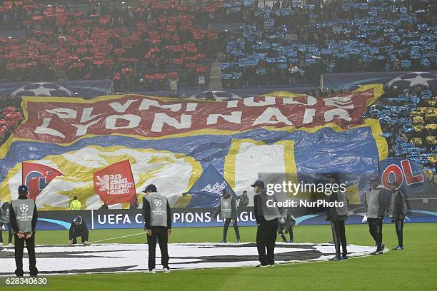 Olympique Lyon fans during UEFA Champions League football match between Lyon and Sevilla at Stade des Lumieres on December 7, 2016 in...