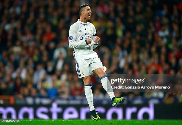 Cristiano Ronaldo of Real Madrid reats during the UEFA Champions League Group F match between Real Madrid CF and Borussia Dortmund at the Bernabeu on...