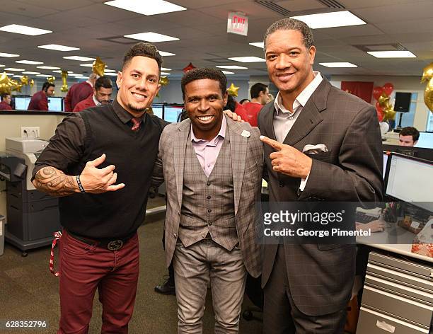 Hamilton Ticats Chad Owens, CFL Hall of Famer Michael "Pinball" Clemons and CFL Alumni Damon Allen attend the 32nd Anniversary of CIBC Miracle Day to...