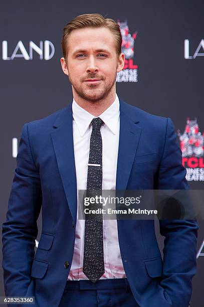 Actor Ryan Gosling attends 'Ryan Gosling and Emma Stone hand and footprint ceremony' at TCL Chinese Theatre IMAX on December 7, 2016 in Hollywood,...