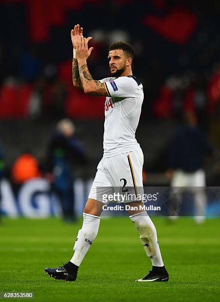 Kyle Walker of Tottenham Hotspur shows appreciation to the fans after the final whistle during the UEFA Champions League Group E match between...