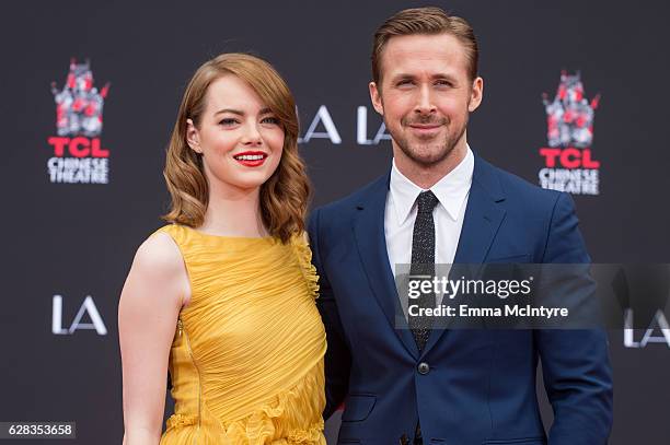 Actors Emma Stone and Ryan Gosling attend 'Ryan Gosling and Emma Stone hand and footprint ceremony' at TCL Chinese Theatre IMAX on December 7, 2016...