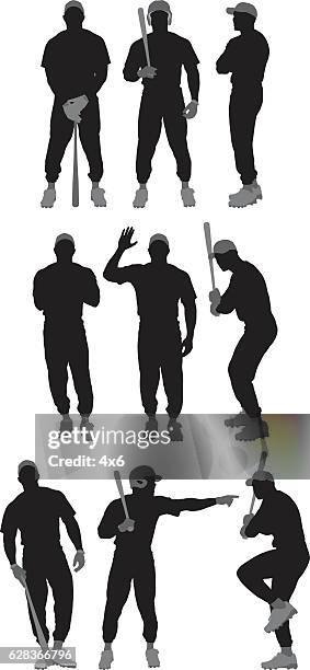 baseball player in various actions - cricket player silhouette stock illustrations