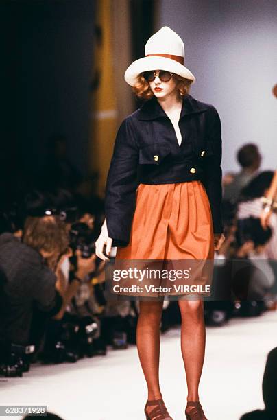 Model walks the runway at the Christian Lacroix Ready to Wear Spring/Summer 1989 fashion show during the Paris Fashion Week in October, 1988 in...