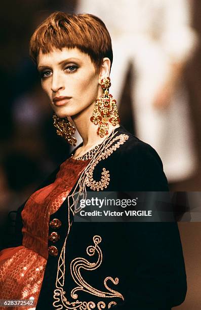 Model walks the runway at the Christian Lacroix Ready to Wear Spring/Summer 1994 fashion show during the Paris Fashion Week in October, 1993 in...