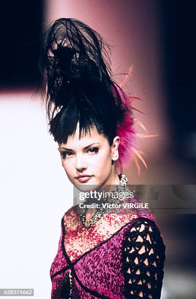 Model walks the runway at the Christian Lacroix Ready to Wear Fall/Winter 1999-2000 fashion show during the Paris Fashion Week in March, 1999 in...