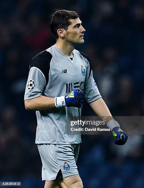 Iker Casillas of FC Porto looks on during the UEFA Champions League match between FC Porto and Leicester City FC at Estadio do Dragao on December 7,...