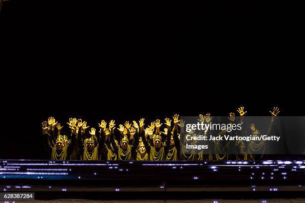 The Met Opera chorus performs during the final dress rehearsal prior to the premiere of Robert Lepage's production of 'L'Amour de loin' at the...