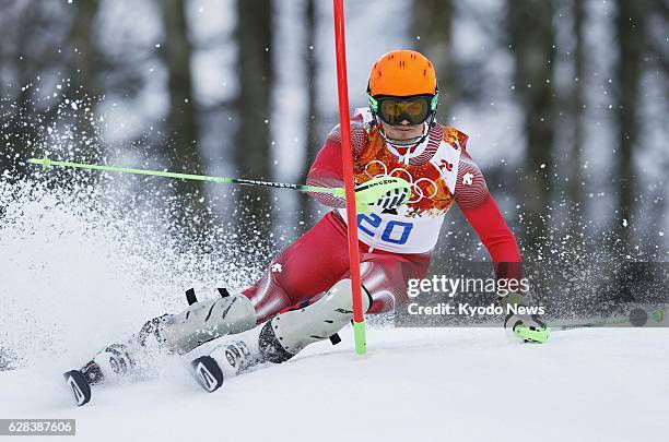 Russia - Sandro Viletta of Switzerland competes in the men's super combined slalom at the Rosa Khutor Alpine Center during the Sochi Olympic Games in...