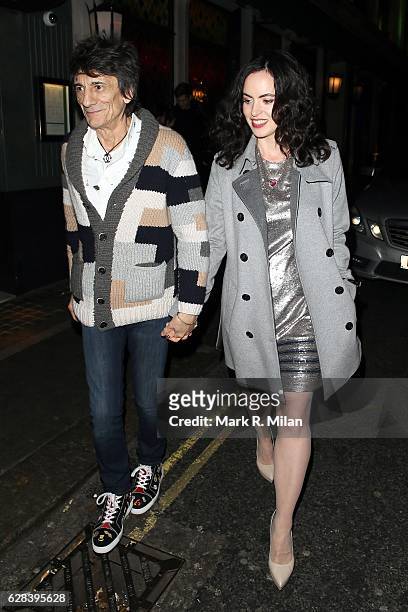Ronnie Wood and Sally Humphreys at the Ivy restaurant for an intimate Kylie Minogue performnce on December 7, 2016 in London, England.