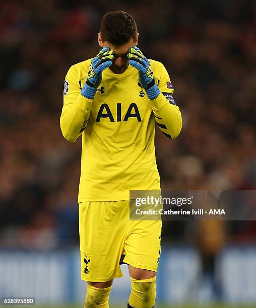 Tottenham Hotspur goalkeeper Hugo Lloris holds his head during the UEFA Champions League match between Tottenham Hotspur FC and PFC CSKA Moskva at...