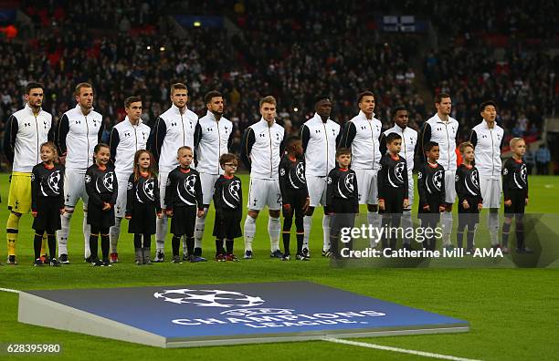 The Tottenham Hotspur team line up before the UEFA Champions League match between Tottenham Hotspur FC and PFC CSKA Moskva at Wembley Stadium on...