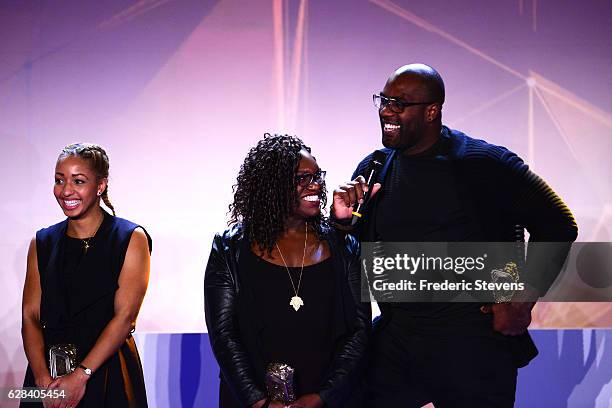 Olympic medalist judoka Teddy Riner and judoka Emilie Andeol pose at the 9th annual Champions Soiree held at INSEP on December 7, 2016 in Paris,...