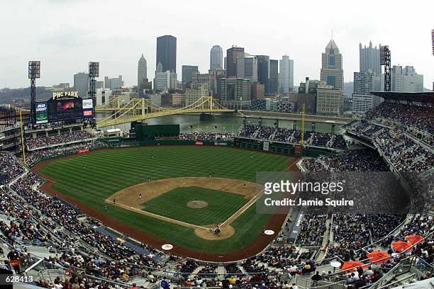 General view of PNC Park during an exhibition game between the New York Mets and the Pittsburgh Pirates in Pittsburgh, Pennsylvania. Digital Image....