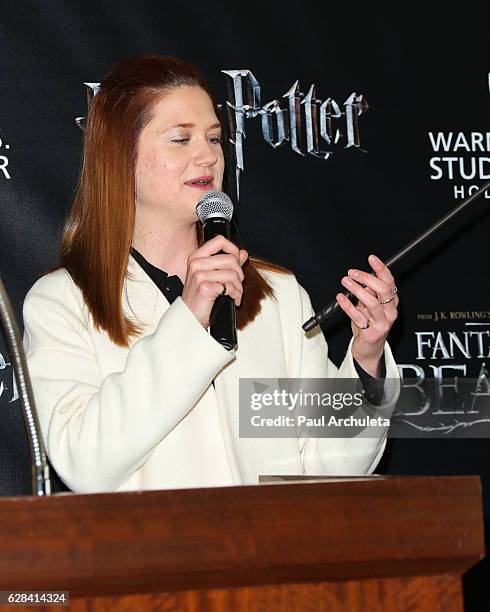 Actress Bonnie Wright attends the press preview for the exhibit showcasing the costumes and props from Warner Bros. Pictures' "Fantastic Beasts and...