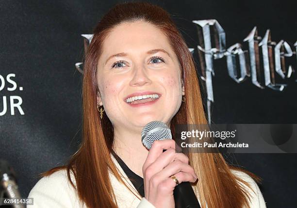 Actress Bonnie Wright attends the press preview for the exhibit showcasing the costumes and props from Warner Bros. Pictures' "Fantastic Beasts and...