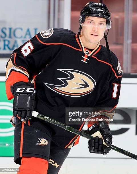 Ryan Garbutt of the Anaheim Ducks skates during warm-up before the game against the Carolina Hurricanes at Honda Center on December 7, 2016 in...