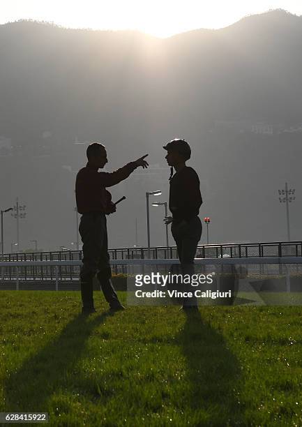 Jockeys Gerald Mosse and Joao Moreira are seen talking during a trackwork session at Sha Tin Racecourse on December 8, 2016 in Hong Kong, Hong Kong.