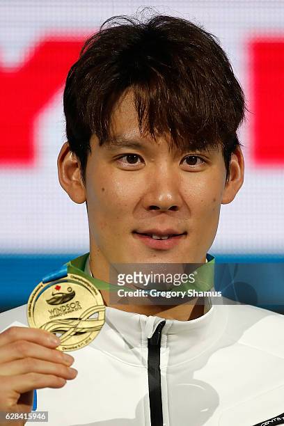 Taehwan Park of South Korea celebrates his gold medal in the 200m Freestyle final on day two of the 13th FINA World Swimming Championships at the...