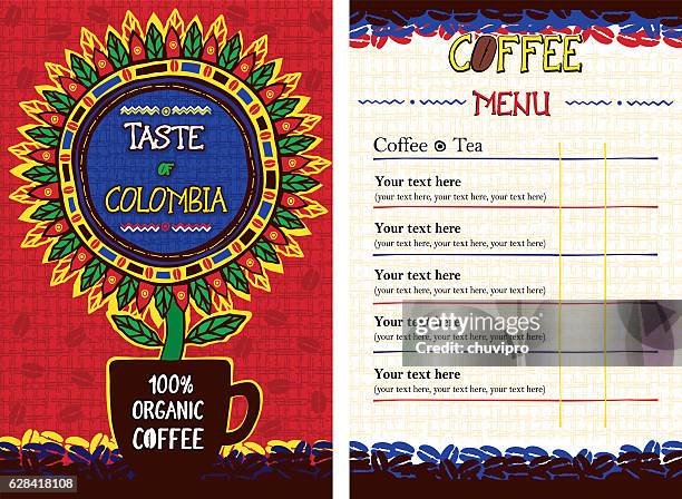 menu for cafe, bar, coffeehouse, restaurant  - taste of colombia - colombia pattern stock illustrations