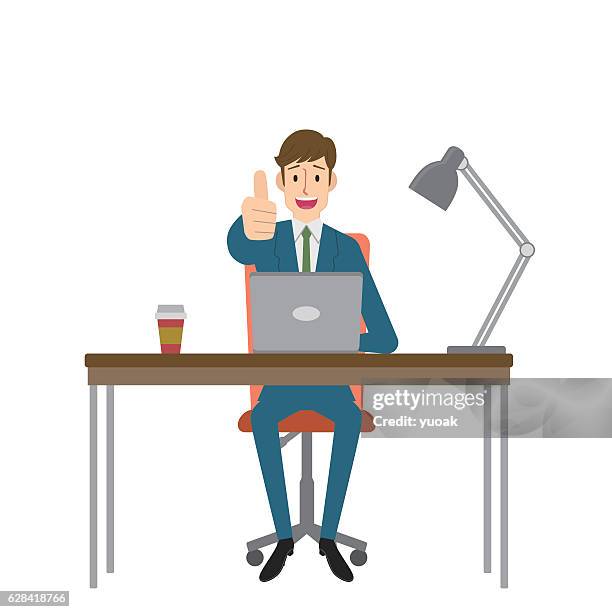 stockillustraties, clipart, cartoons en iconen met man gesturing thumbs up - office desk