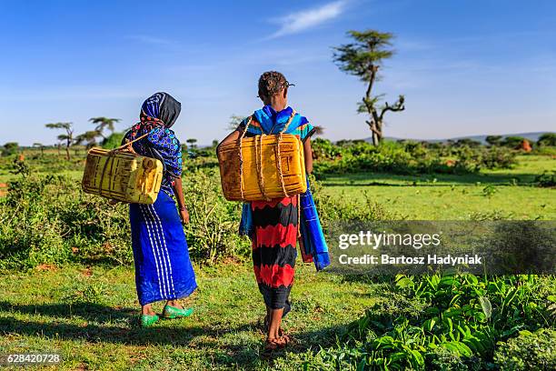 jeune fille africaine portant eau du bien, l'éthiopie, afrique - éthiopie photos et images de collection