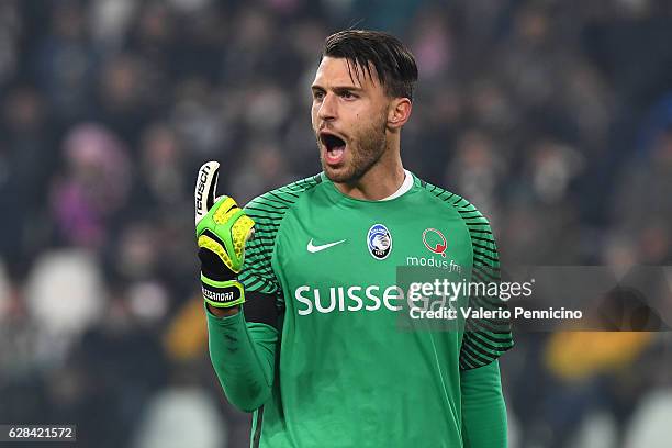 Marco Sportiello of Atalanta BC reacts during the Serie A match between Juventus FC and Atalanta BC at Juventus Stadium on December 3, 2016 in Turin,...