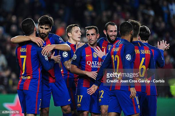 Barcelona players celebrating the Arda Turan goal, during the UEFA Champions League match between F.C Barcelona and Borussia Mönchengladbach, on...