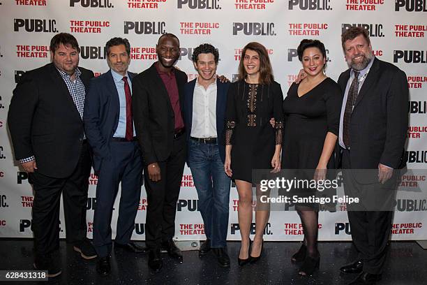 Marshall Heyman, Alfredo Narciso, Phillip James Brannon, Thomas Kail, Nia Vardalos, Natalie Woolams-Torres and Oskar Eustis attend "Tiny Beautiful...