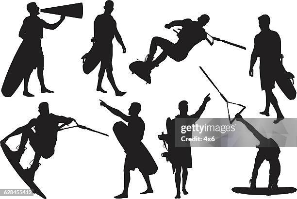 wakeboarder in various actions - wakeboarding stock illustrations