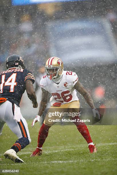 Tramaine Brock of the San Francisco 49ers defends during the game against the Chicago Bears at Soldier Field on December 4, 2016 in Chicago,...