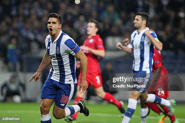 Porto's Portuguese forward Andre Silva celebrates after scoring goal during the UEFA Champions League Group G, match between FC Porto and Leicester...