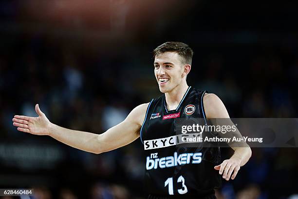 David Stockton of the Breakers celebrates during the round 10 NBL match between the New Zealand Breakers and the Brisbane Bullets at Vector Arena on...