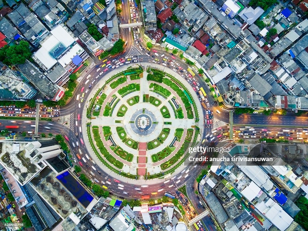 Street roundabout large beautiful Downtown at night .