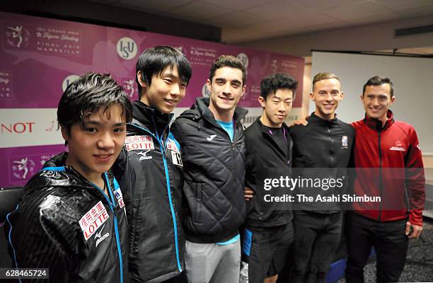 Participants of Senior Men's Singles Shoma Uno, Yuzuru Hanyu of Japan, Javier Fernandez of Spain, Nathan Chen and Adam Rippon of the United States,...