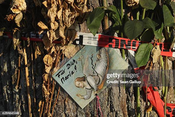 Postcard showing an angel that reads: "For you, Maria!" hangs among flowers left by mourners and police tape that adorn a tree near the spot where...
