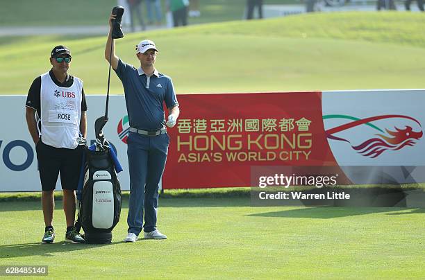 Justin Rose of England prepares to tee off on the 15th hole during the first round of the UBS Hong Kong Open at The Hong Kong Golf Club on December...