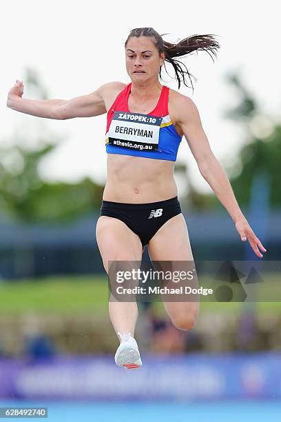 Kelsey Berryman competes in the Gary Honey Long Jump Challenge during the Zatopek 10 Australian 10,000m Championships on December 8, 2016 in...
