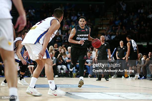 Corey Webster of the Breakers brings the ball up court during the round 10 NBL match between the New Zealand Breakers and the Brisbane Bullets at...