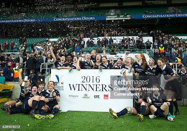 Oxford University women celebrate their 3-0 victory over Cambridge University Women at Twickenham Stadium on December 8, 2016 in London, England.
