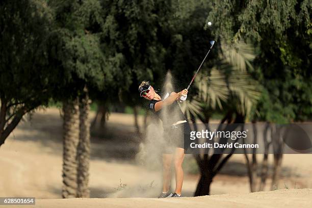 Nicole Broch Larsen of Denmark plays her second shot on the 14th hole during the completion of the first round of the 2016 Omega Dubai Ladies Masters...