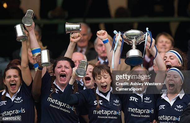 Oxford University women celebrate their 3-0 victory over Cambridge University Women at Twickenham Stadium on December 8, 2016 in London, England.