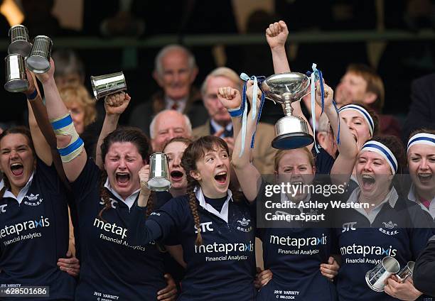 Oxford University women celebrate their 3-0 victory over Cambridge University Women at Twickenham Stadium on December 8, 2016 in London, England.