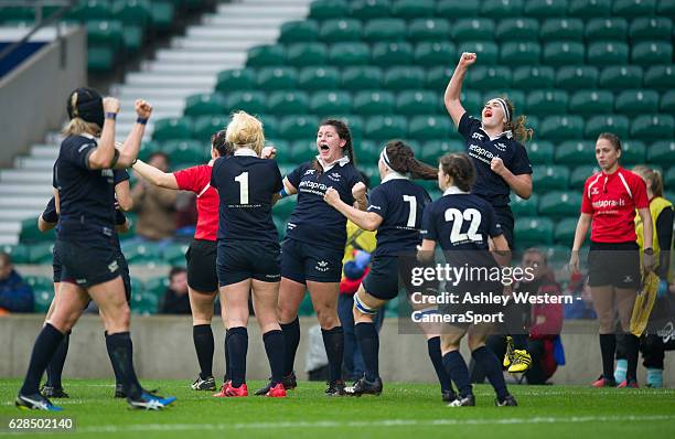 Oxford University women celebrate at the final whistle after their 3-0 victory over Cambridge University Women at Twickenham Stadium on December 8,...