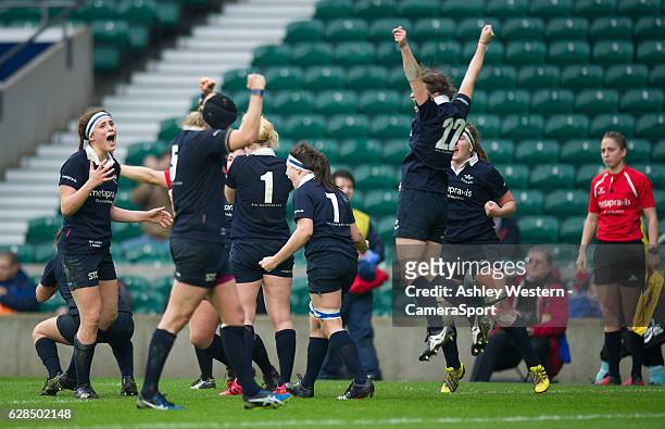 Oxford University women celebrate at the final whistle after their 3-0 victory over Cambridge University Women at Twickenham Stadium on December 8,...