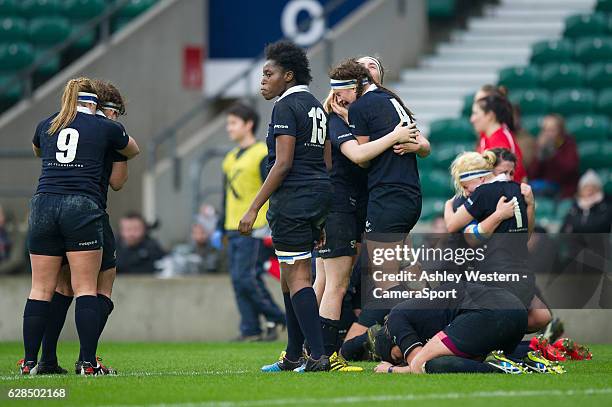 Oxford University women celebrate at the final whistle after their 3-0 victory over Cambridge University Women at Twickenham Stadium on December 8,...