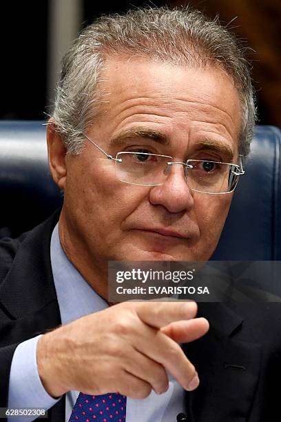 Brazilian Senate President Renan Calheiros speaks during a session of the Senate in Brasilia on December 8, 2016. Brazil's Supreme Court Wednesday...