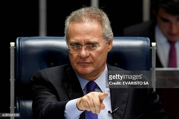 Brazilian Senate President Renan Calheiros speaks during a session of the Senate in Brasilia on December 8, 2016. Brazil's Supreme Court Wednesday...